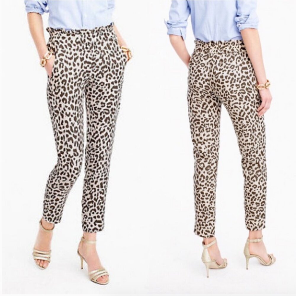 J.CREW Ruffle Waist Linen Pant in Leopard Print 0 Animal Print Linen Lyocell